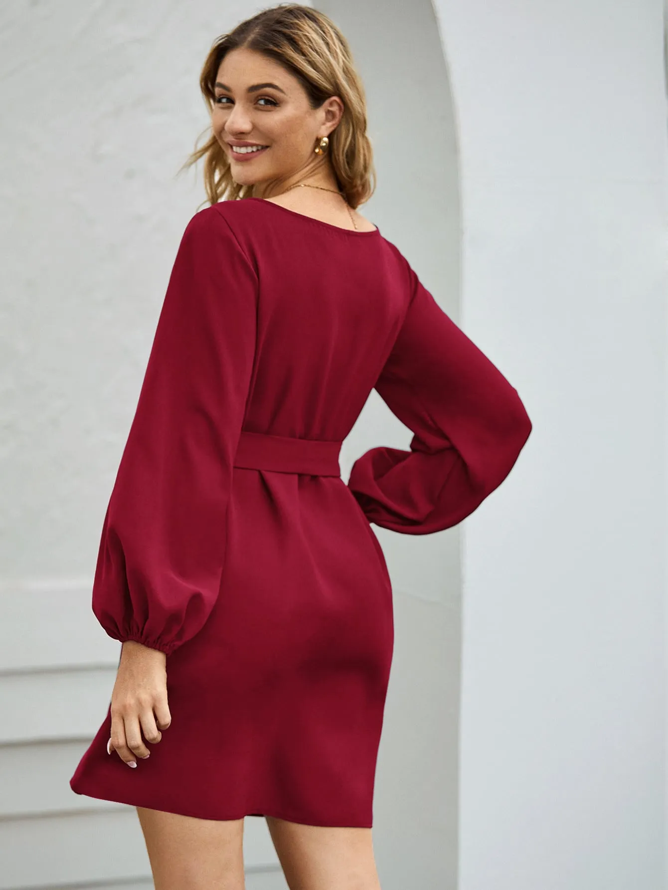 Lantern Sleeve Belted Tunic Dress