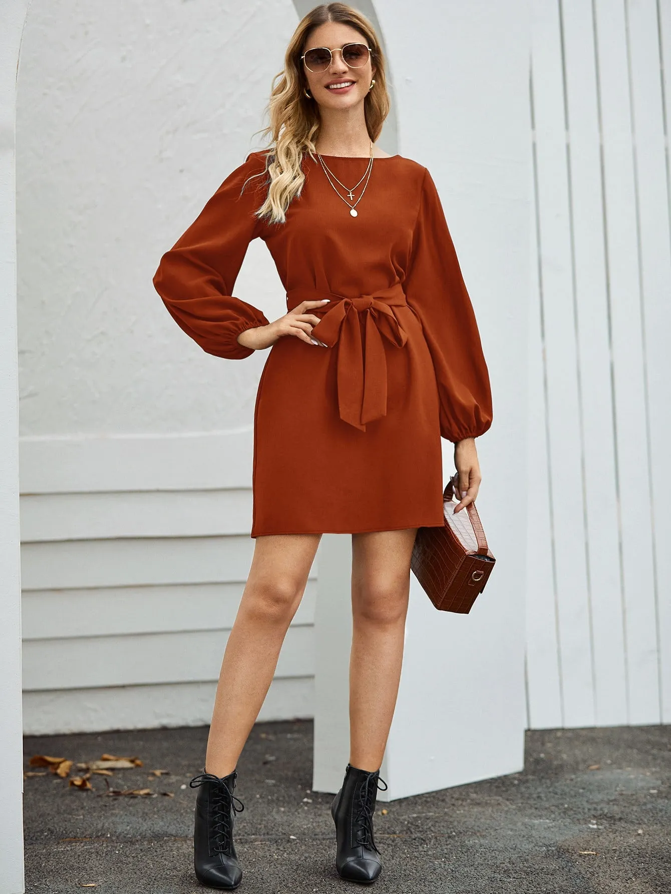 Lantern Sleeve Belted Tunic Dress