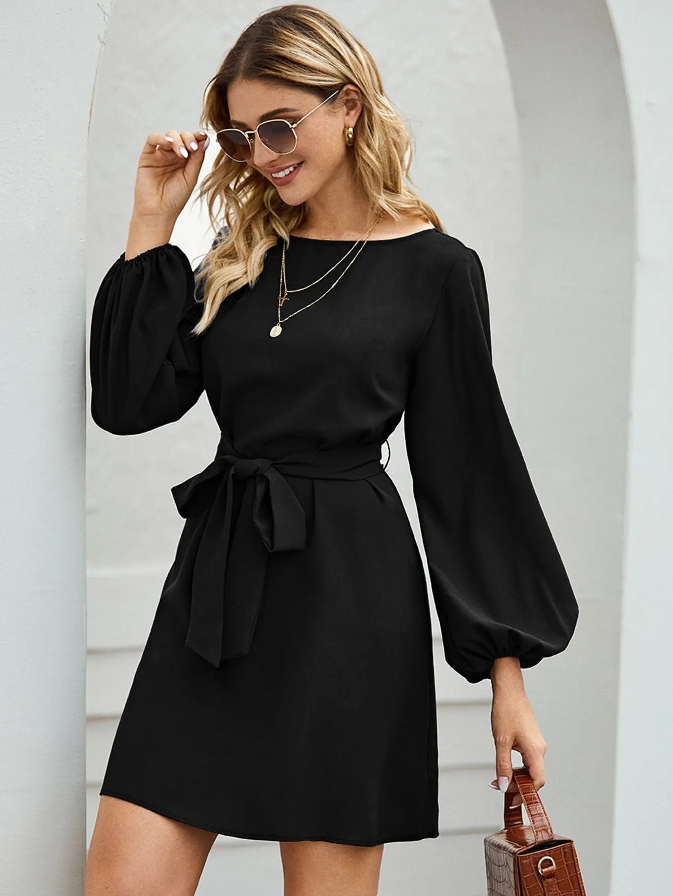 Lantern Sleeve Belted Tunic Dress