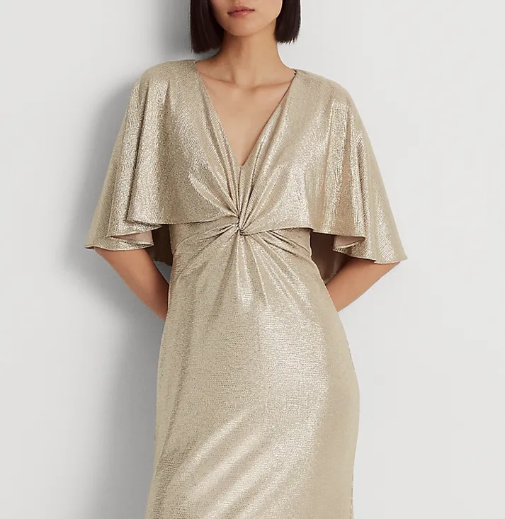 LAUREN Ralph Lauren Foil-Print Jersey Cape Gown