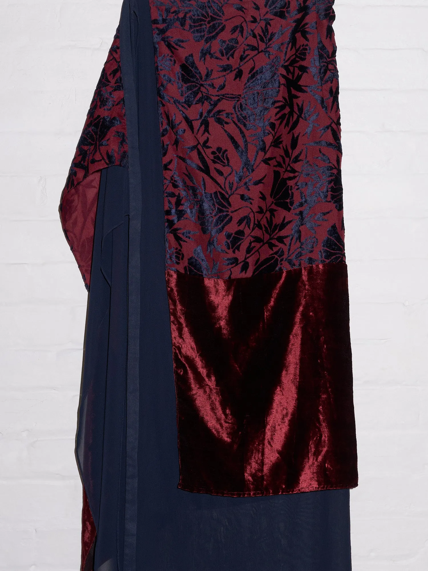 Lawrence Steele navy and burgundy floral velvet sheer crepe wrap skirt