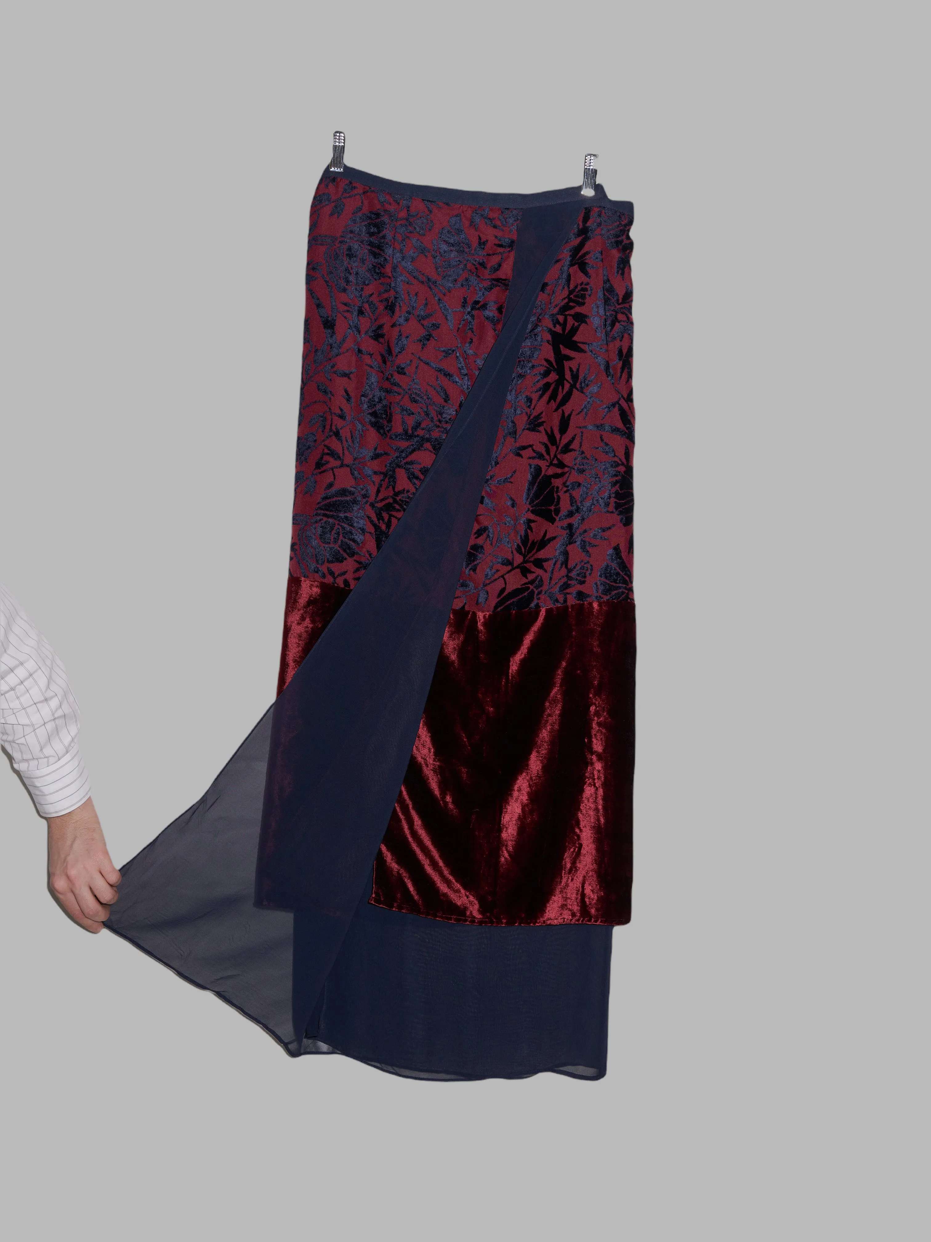 Lawrence Steele navy and burgundy floral velvet sheer crepe wrap skirt