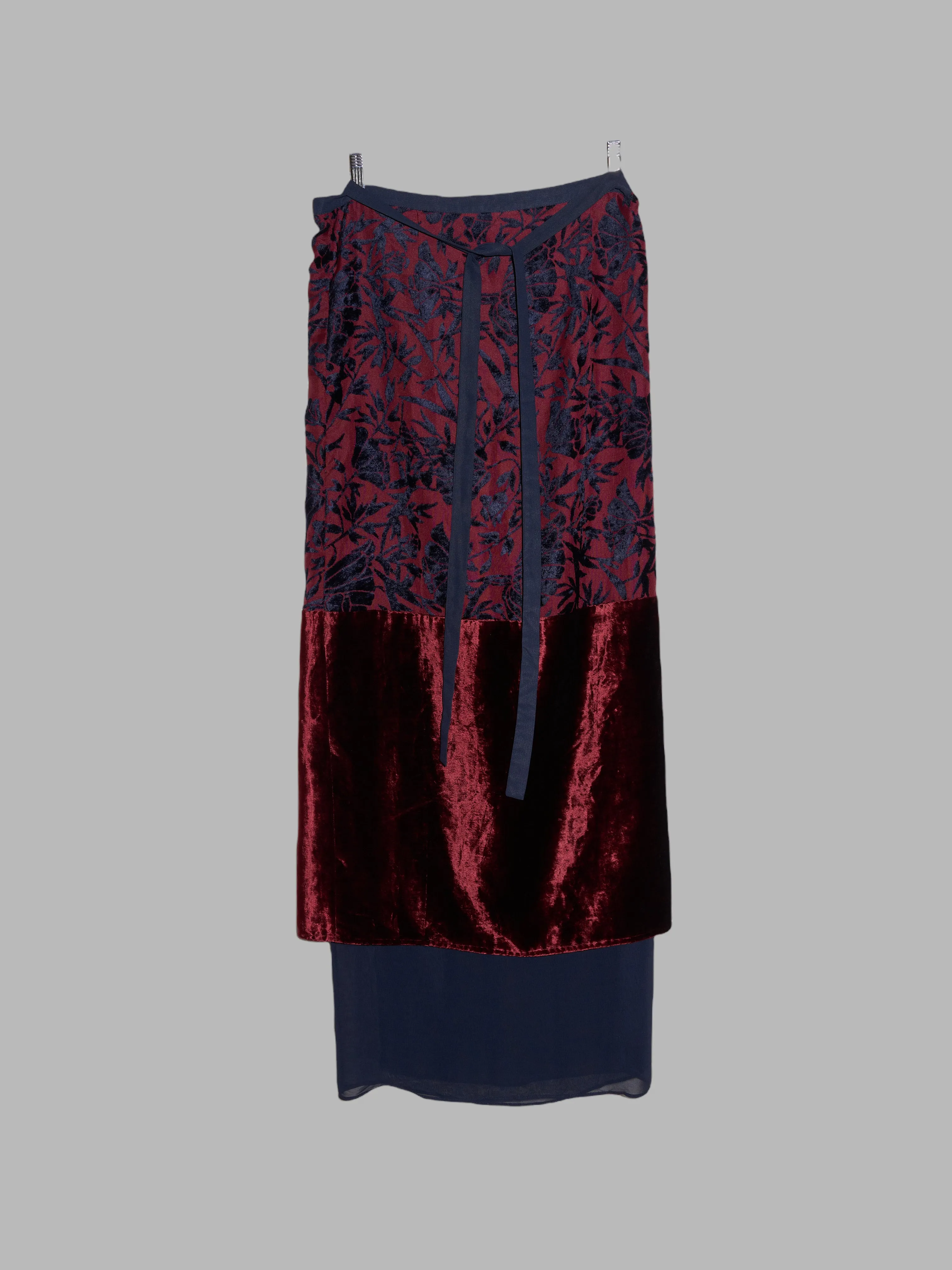 Lawrence Steele navy and burgundy floral velvet sheer crepe wrap skirt