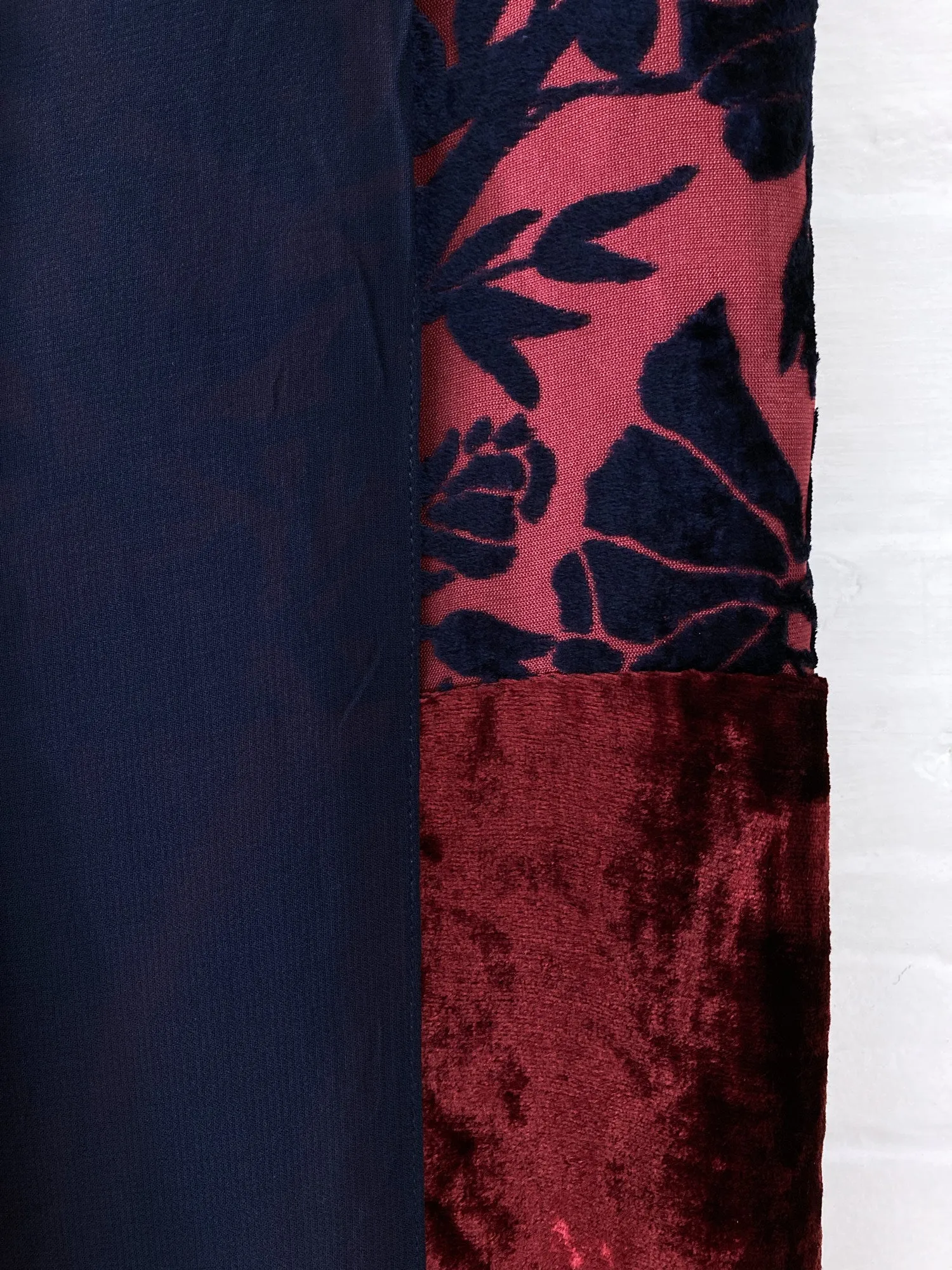 Lawrence Steele navy and burgundy floral velvet sheer crepe wrap skirt