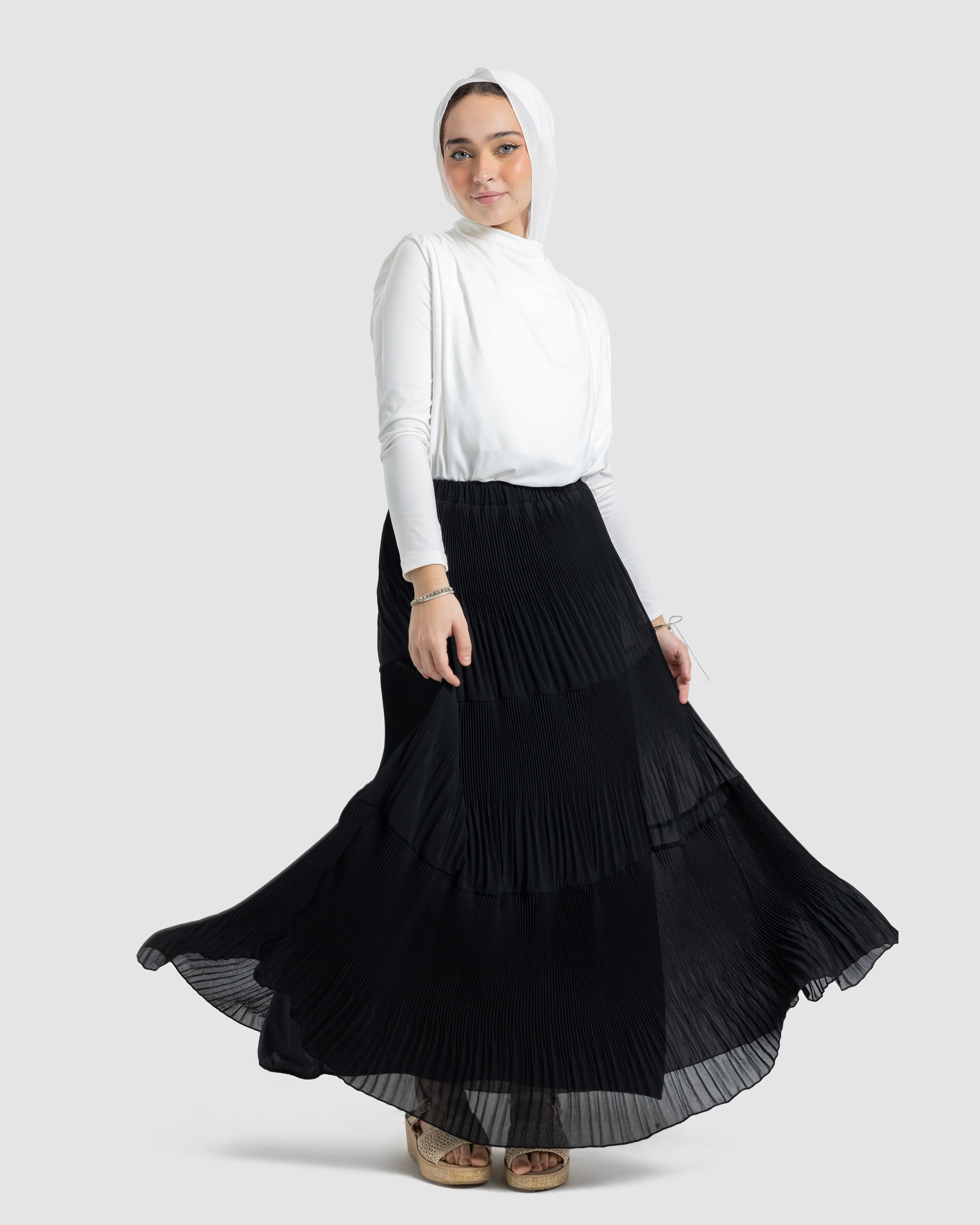 LAYERED CHIFFON PLISSE SKIRT-BLACK