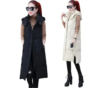 Long over-the-knee down cotton vest with thick solid color plus size vest with hood