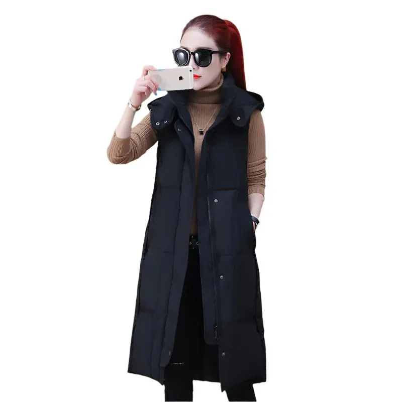 Long over-the-knee down cotton vest with thick solid color plus size vest with hood