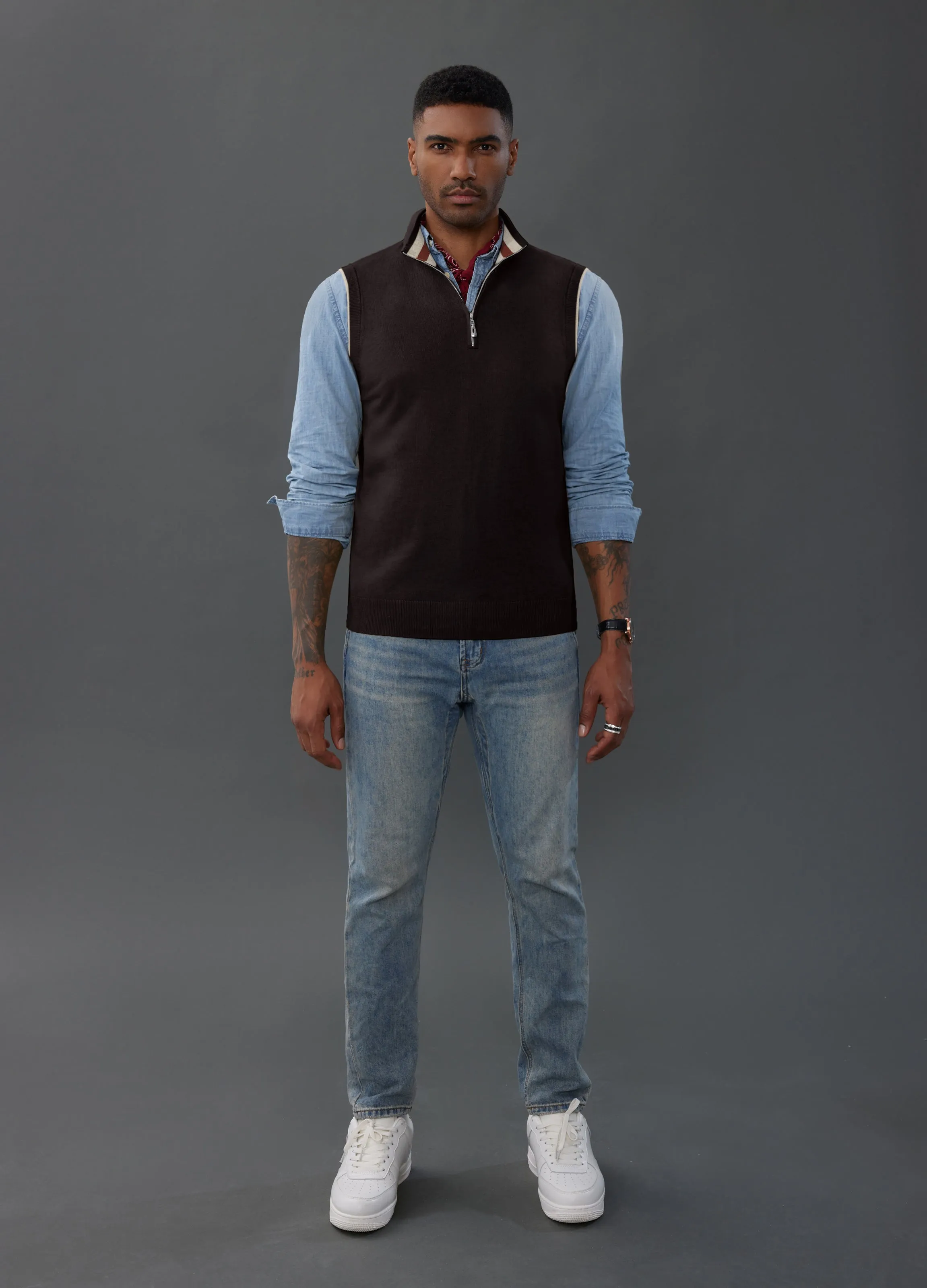 Men Stand Collar Sweater Vest Sleeveless Zip-up Neck Pullover Knitwear