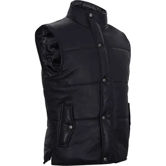 Mens Black Leather Puffer Padded Vest Waistcoat