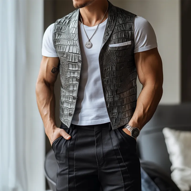 Men's Classic Casual Shawl Collar Textured Leather Vest 06265022K