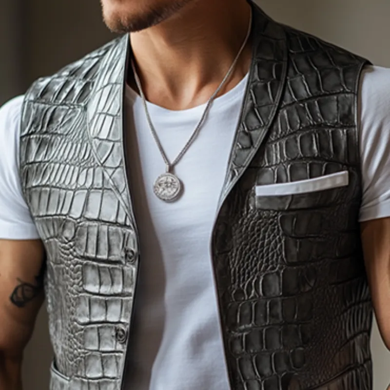 Men's Classic Casual Shawl Collar Textured Leather Vest 06265022K