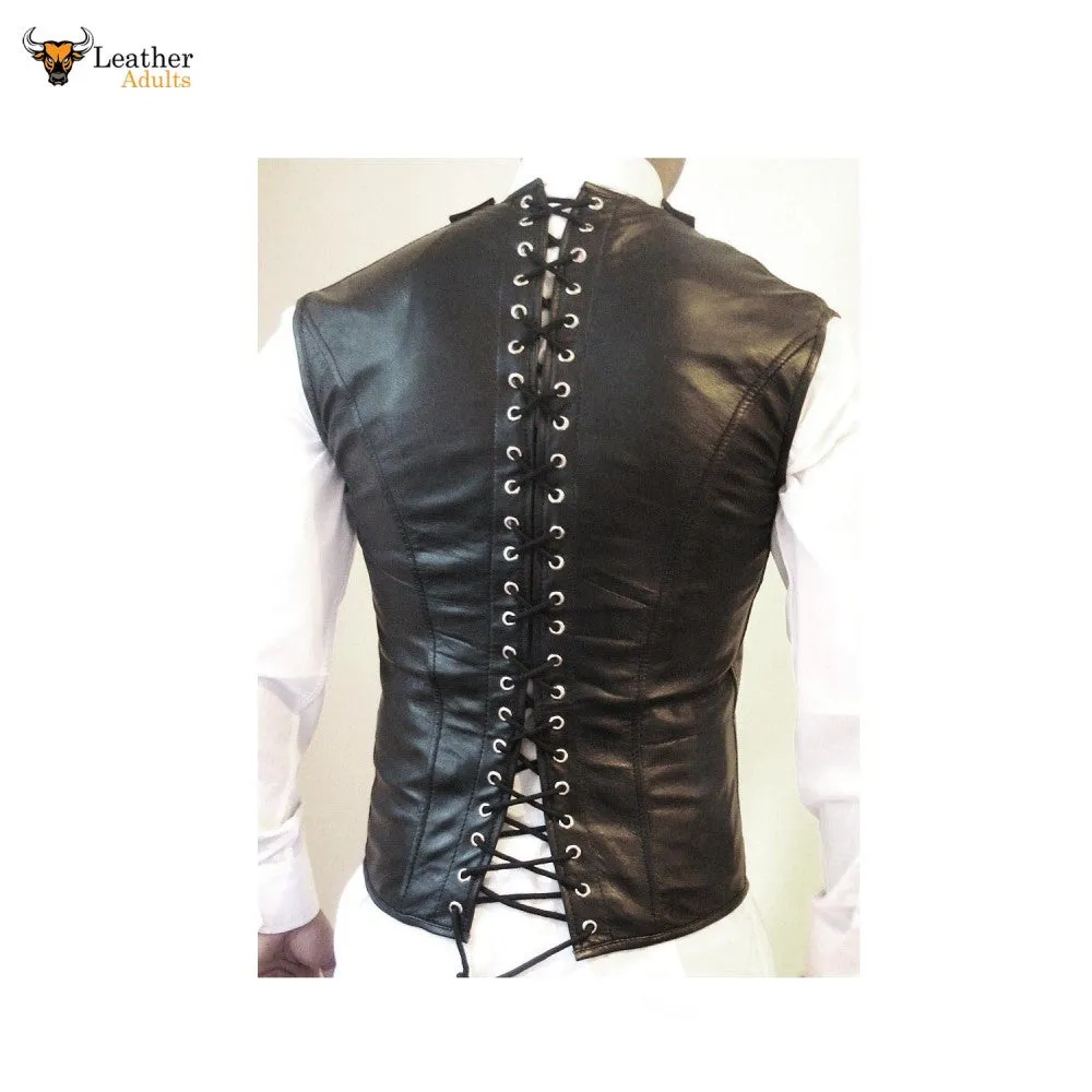 Men's Leather Steel Boned Steampunk Waistcoat Vest Corset Goth Victorian