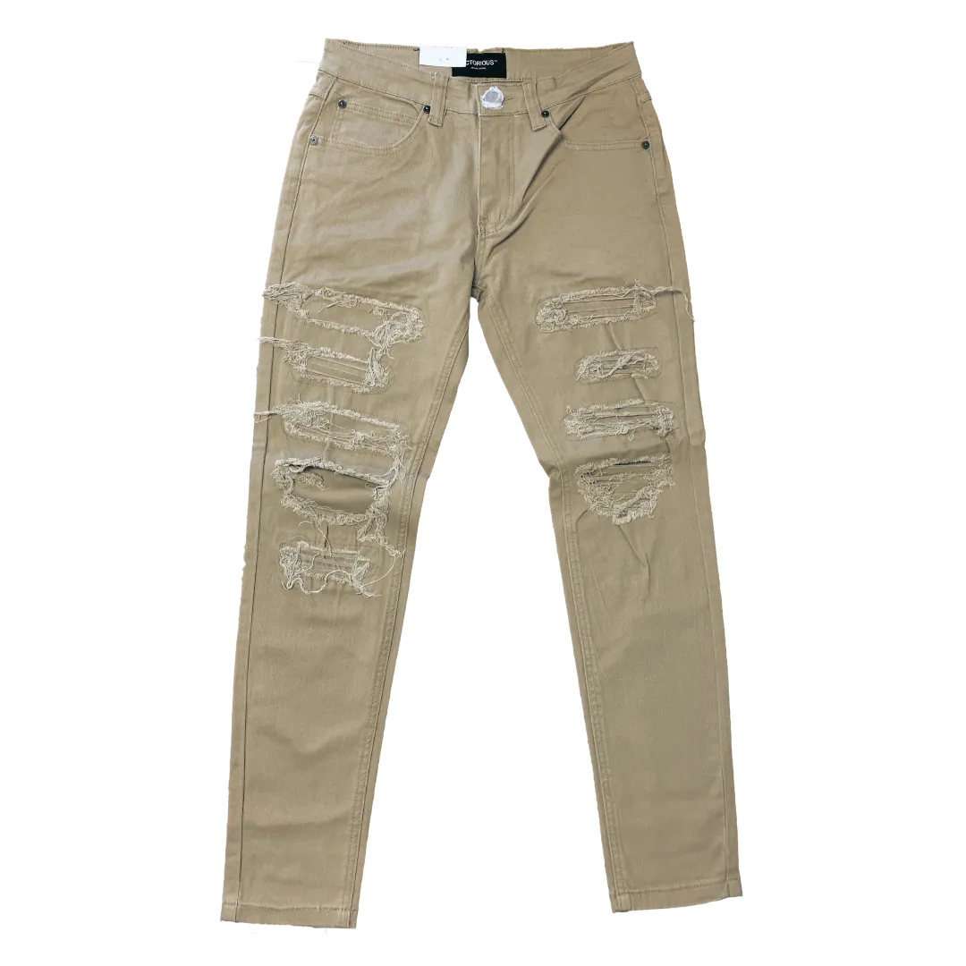 Men's Premium Distressed Khaki Denim Wash Skinny Jeans with Stretch