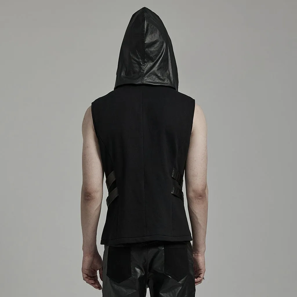 Men's Punk Mesh Splice Faux Leather Vest with Hood