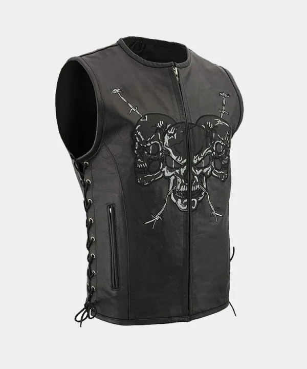 Men’s Zipper Front Side Lace Leather Vest with Reflective Skulls