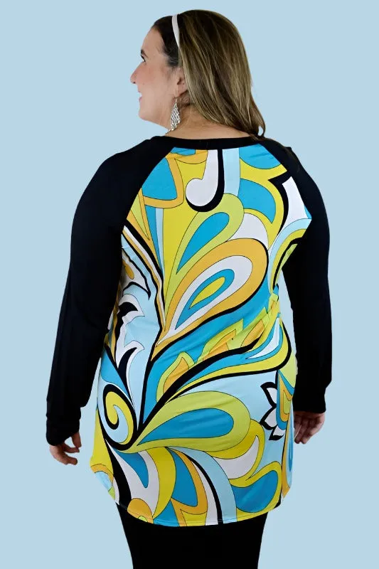 Mod Swirl Stretchy Plus Raglan Tunic - Multicolor Black