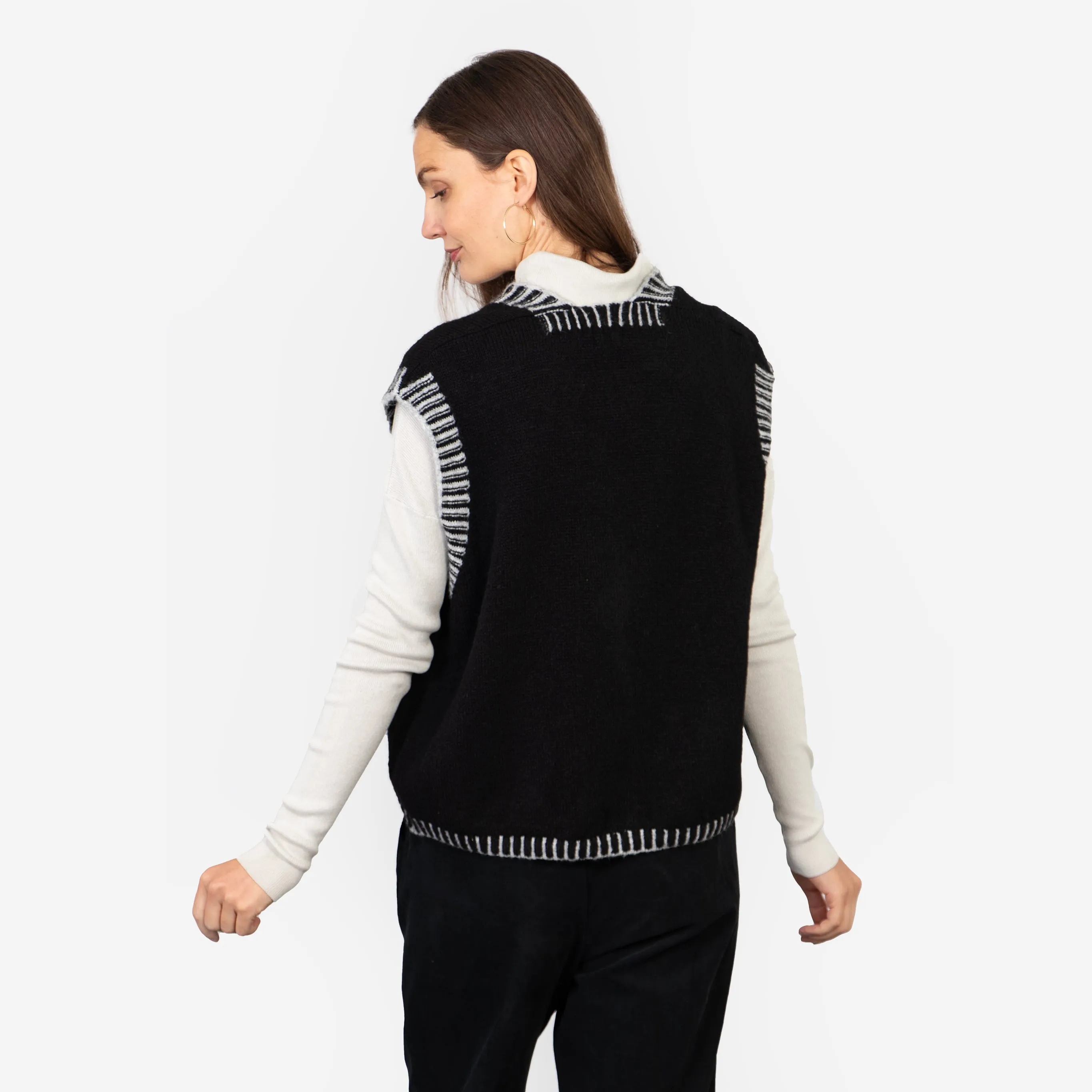 Molly Button Up Vest - Black/Grey, Contrast Stitch