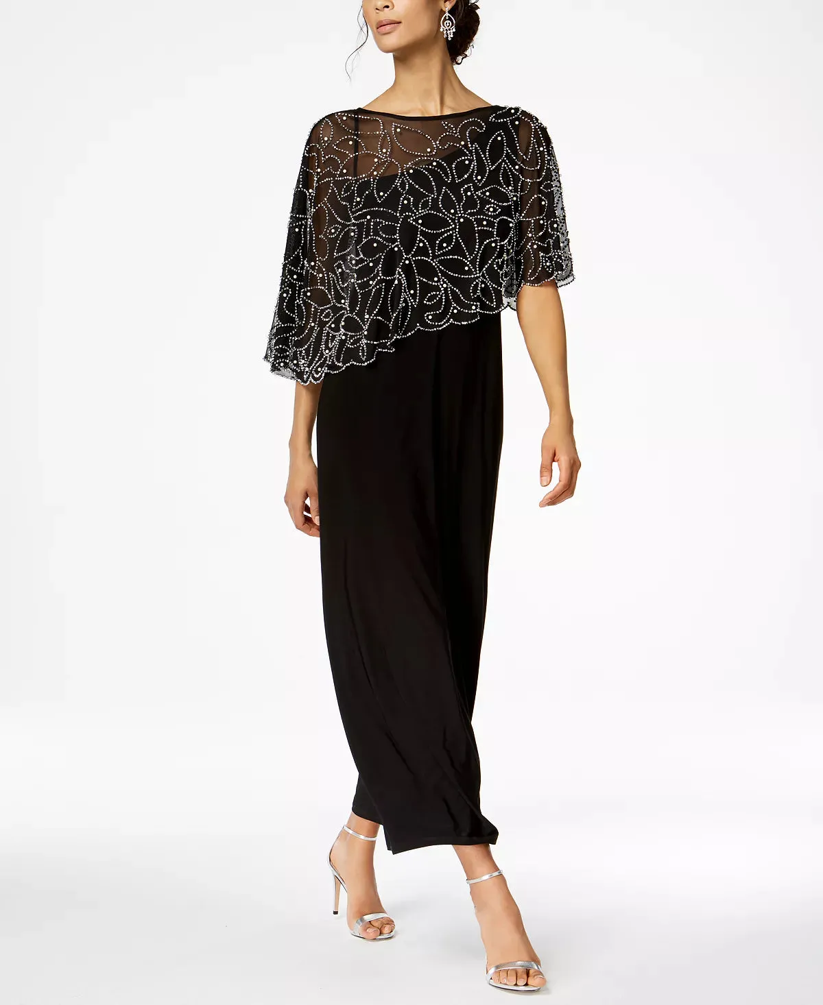 MSK Boat-Neck Embellished-Cape Jersey-Knit Gown