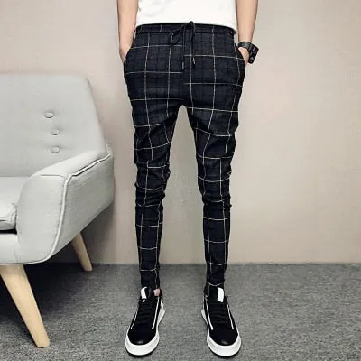 New Pants Men Slim Fit British Plaid Mens Pants Fashion High Quality