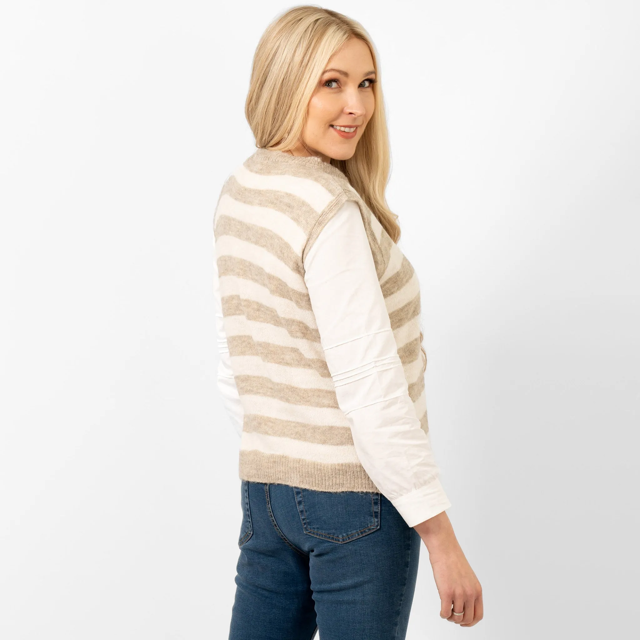 Peyton Wool Blend Round Neck Tank Top - Beige/Cream, Stripe