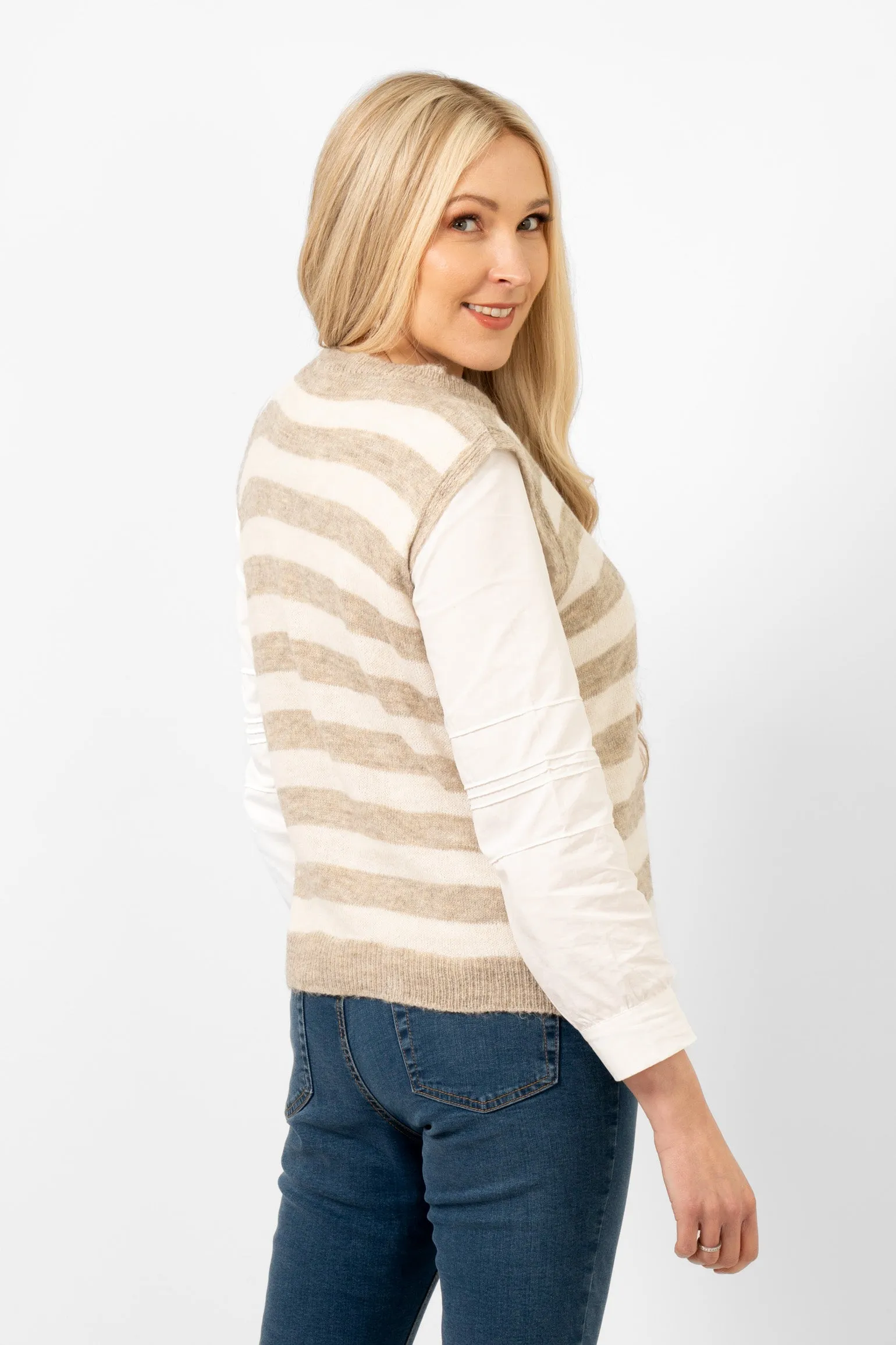 Peyton Wool Blend Round Neck Tank Top - Beige/Cream, Stripe