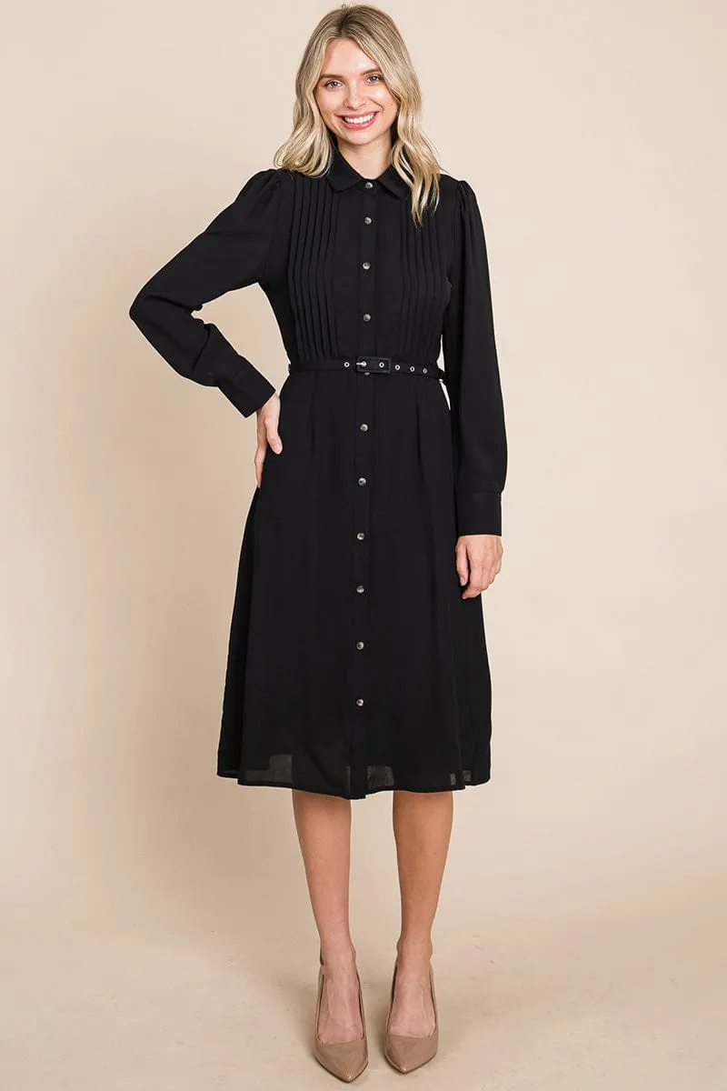 Pintucked Front Button Down Shirtdress with Belt