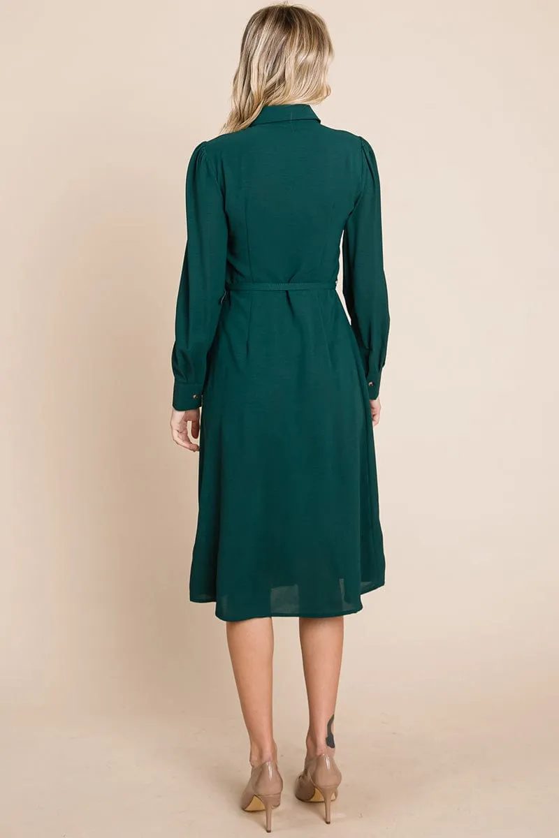 Pintucked Front Button Down Shirtdress with Belt