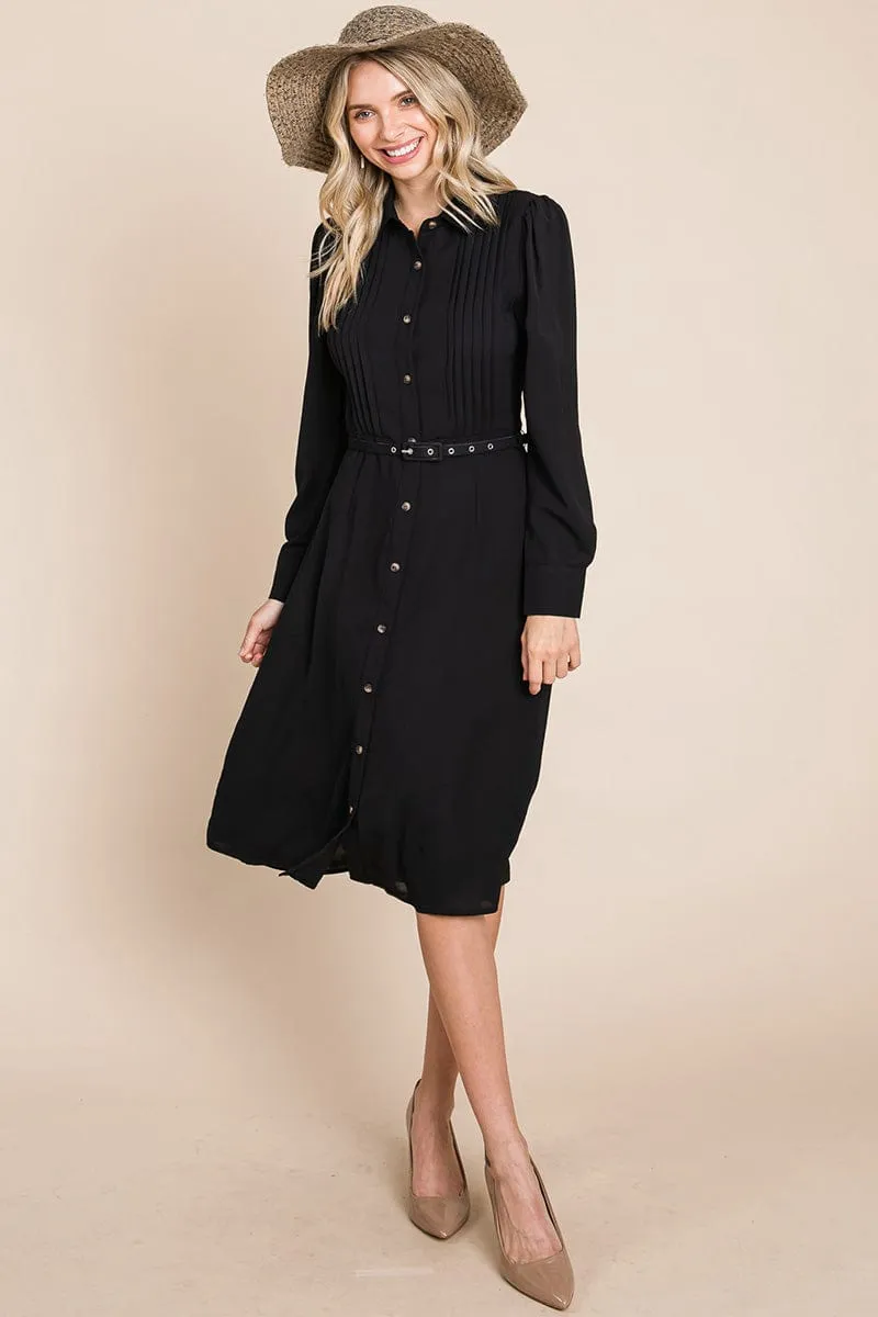 Pintucked Front Button Down Shirtdress with Belt