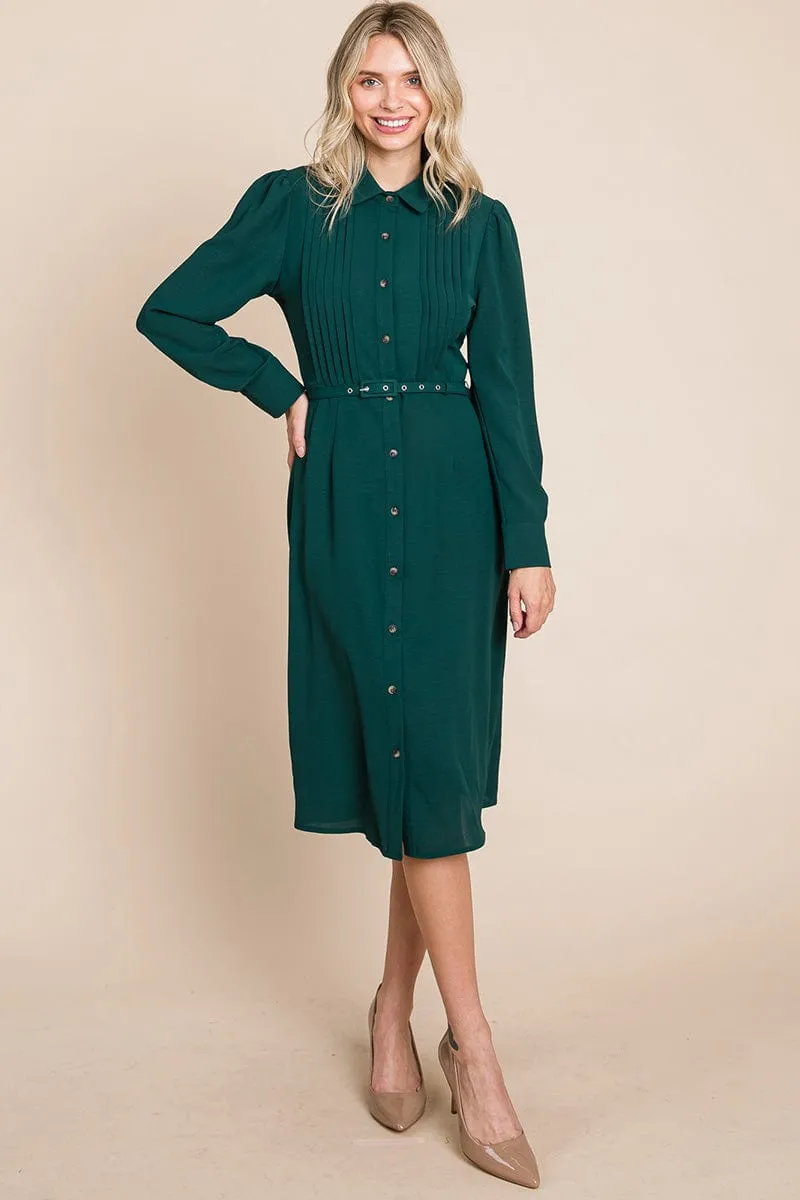 Pintucked Front Button Down Shirtdress with Belt