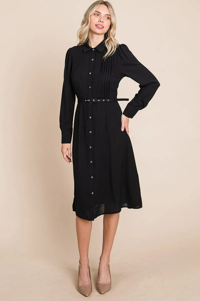 Pintucked Front Button Down Shirtdress with Belt