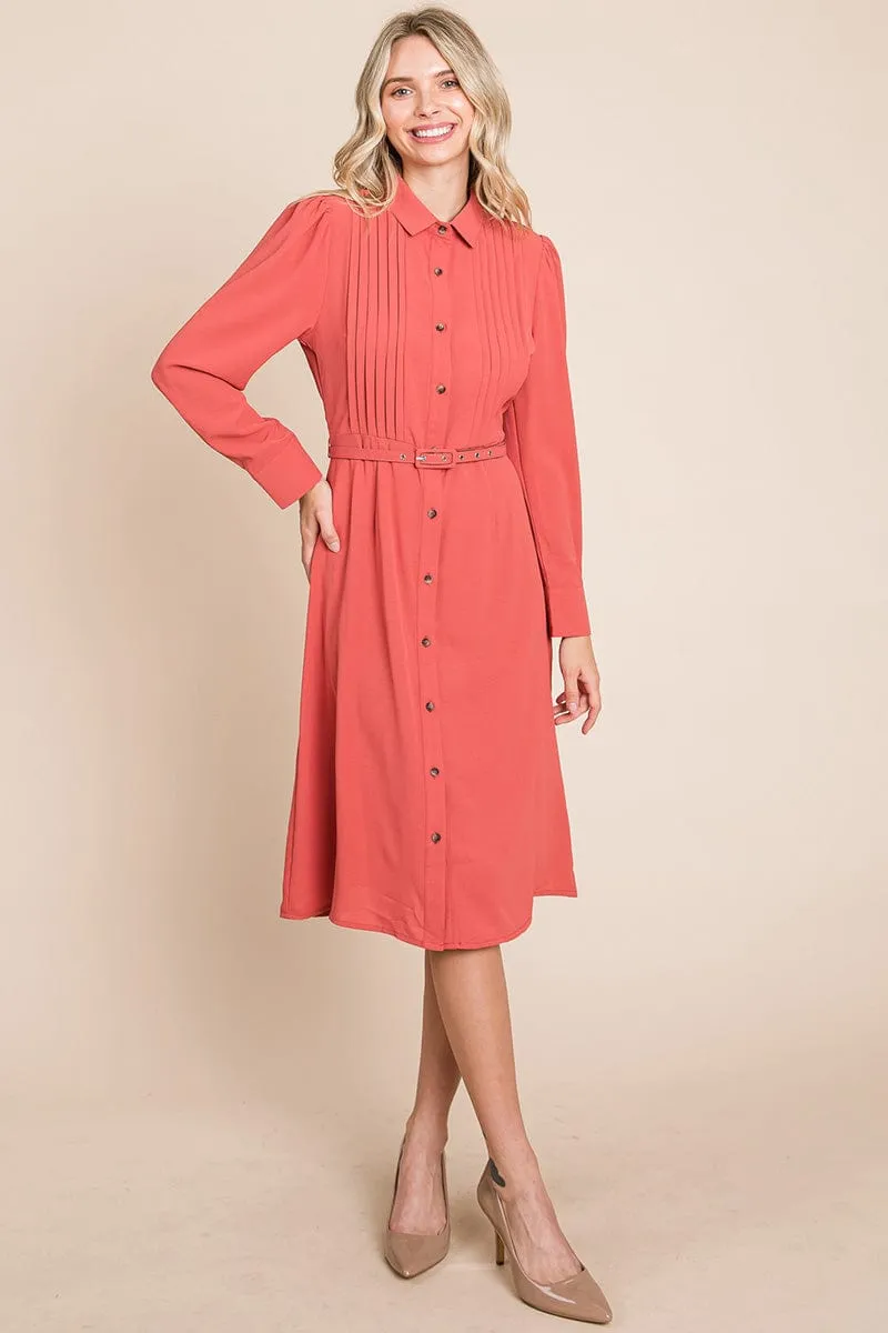 Pintucked Front Button Down Shirtdress with Belt