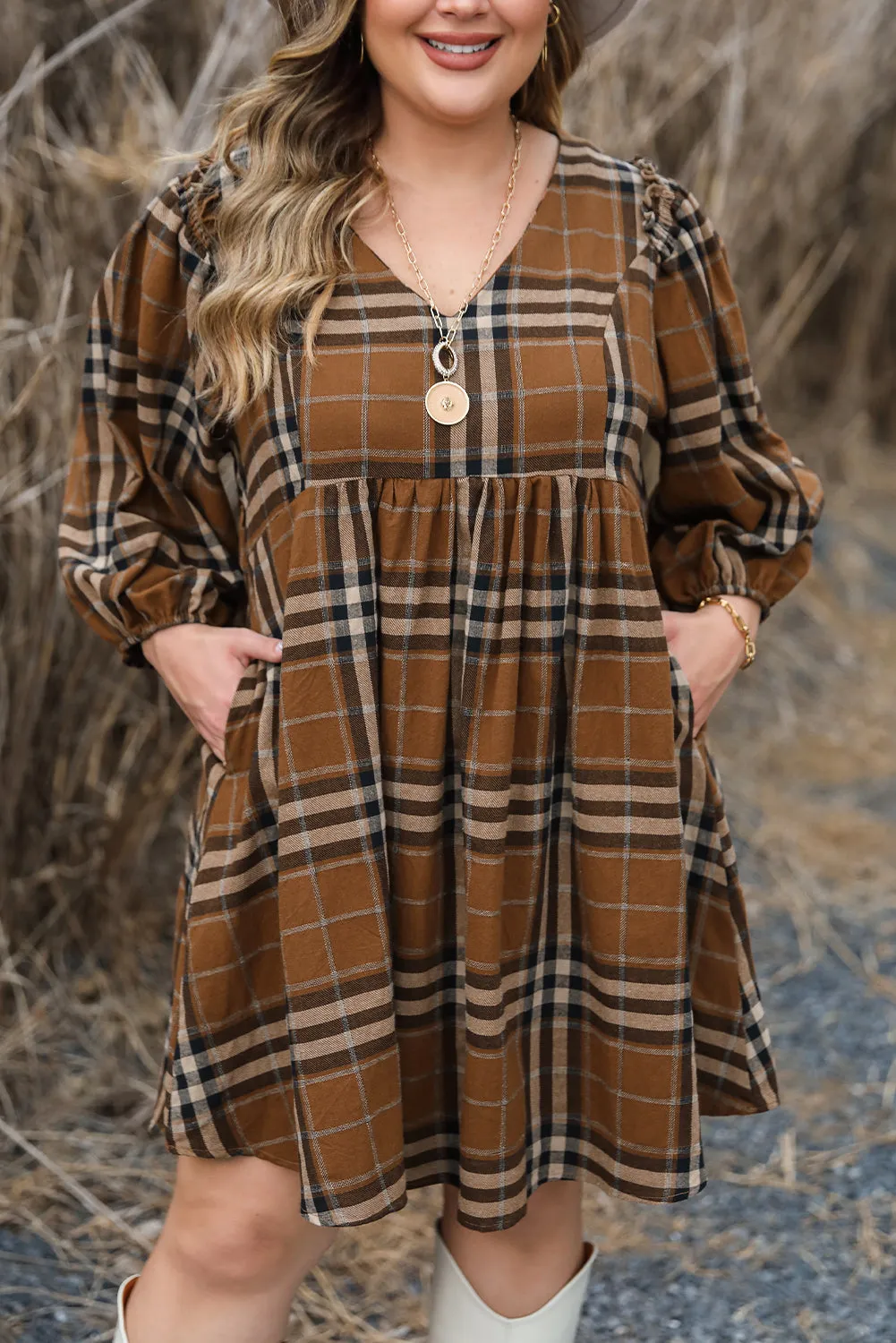 Plaid V Neck Plus Size Babydoll Dress