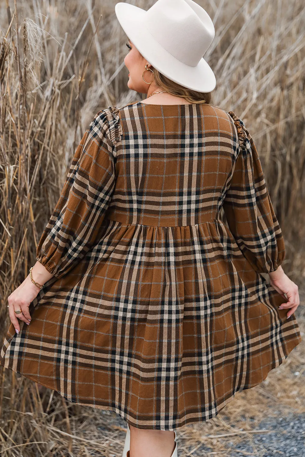 Plaid V Neck Plus Size Babydoll Dress