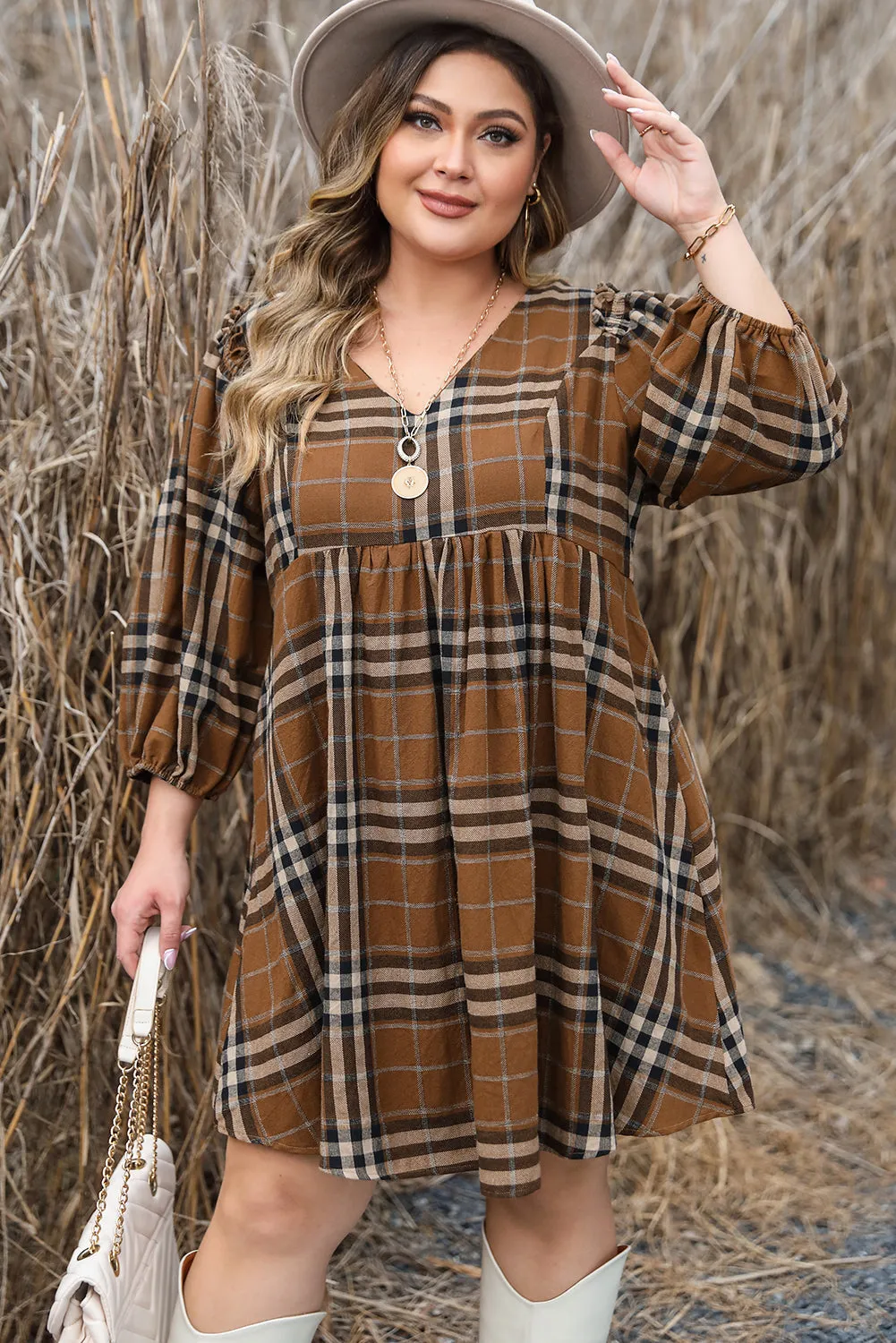 Plaid V Neck Plus Size Babydoll Dress