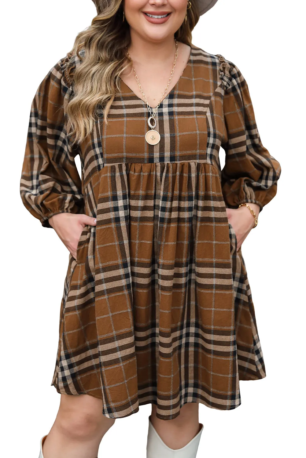 Plaid V Neck Plus Size Babydoll Dress