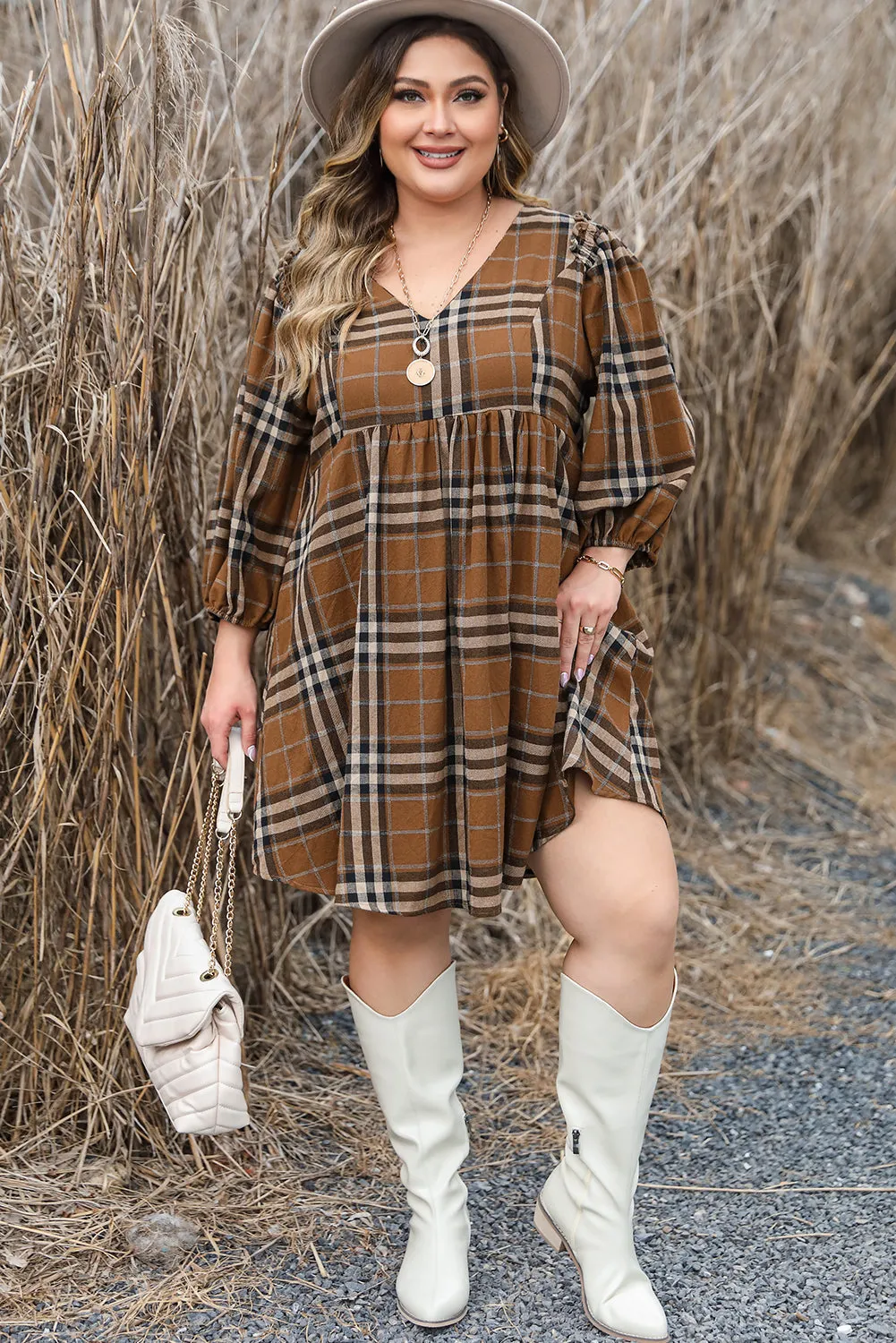 Plaid V Neck Plus Size Babydoll Dress