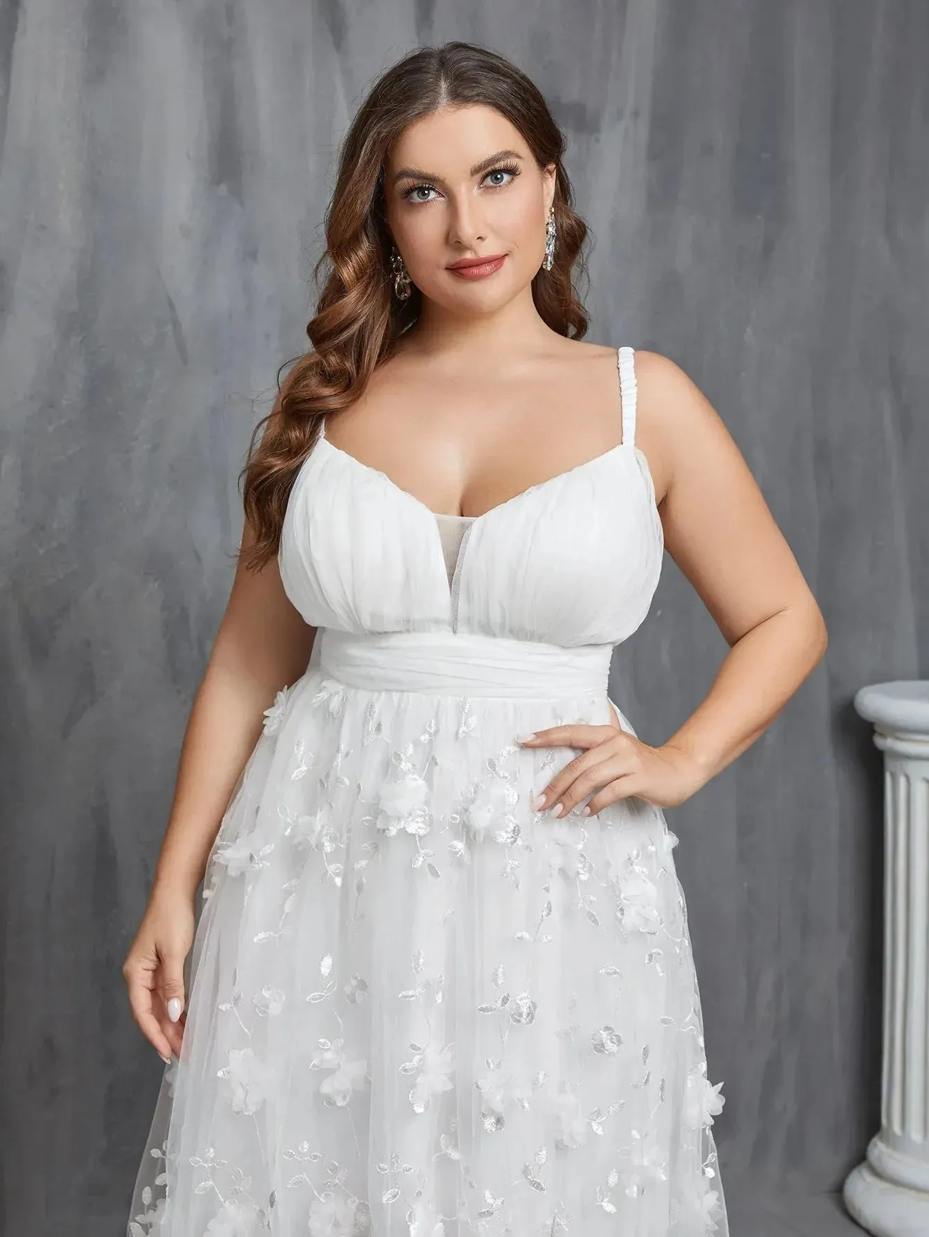 Plus Floral Applique Mesh Cami Wedding Dress