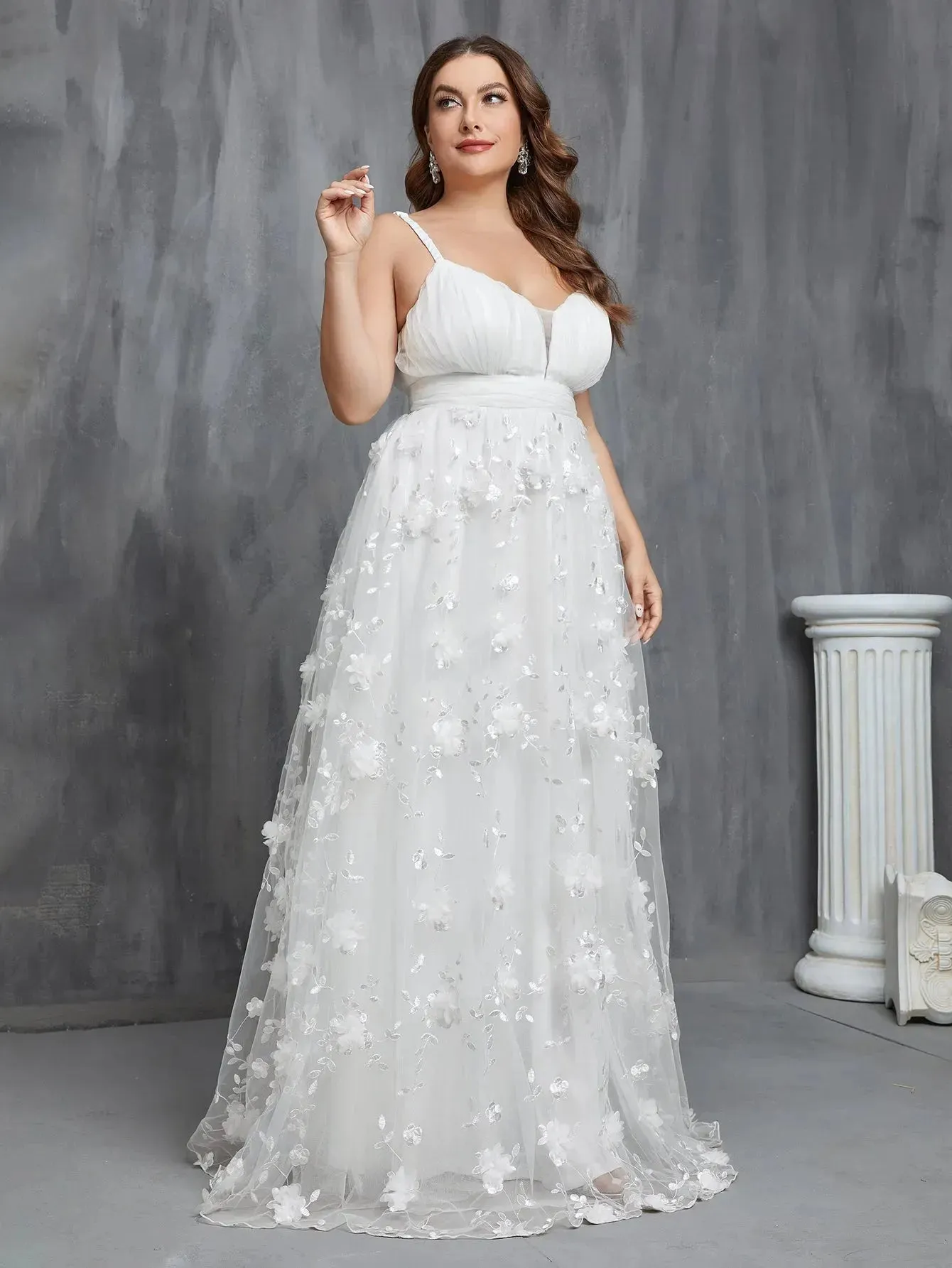 Plus Floral Applique Mesh Cami Wedding Dress