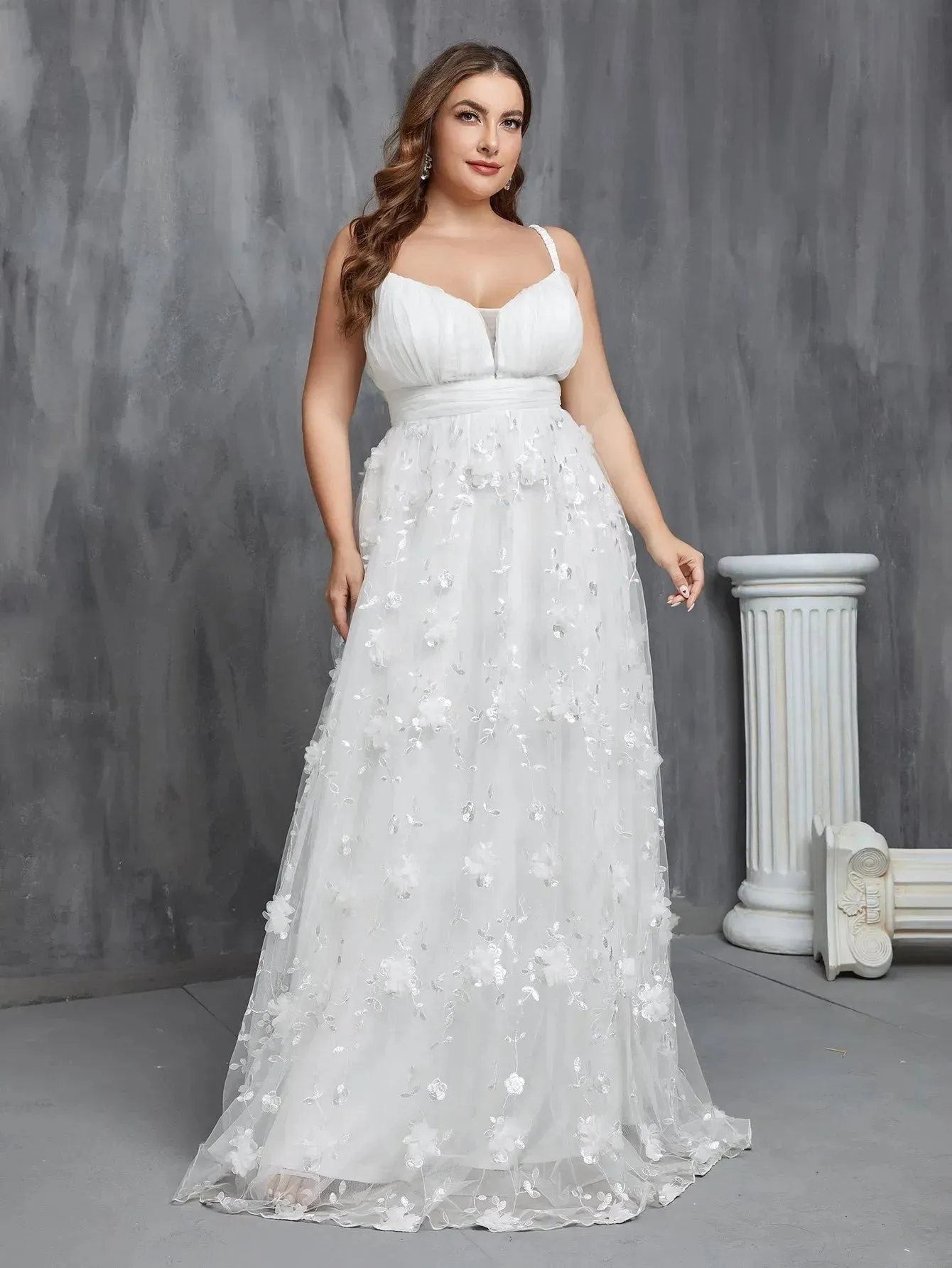 Plus Floral Applique Mesh Cami Wedding Dress