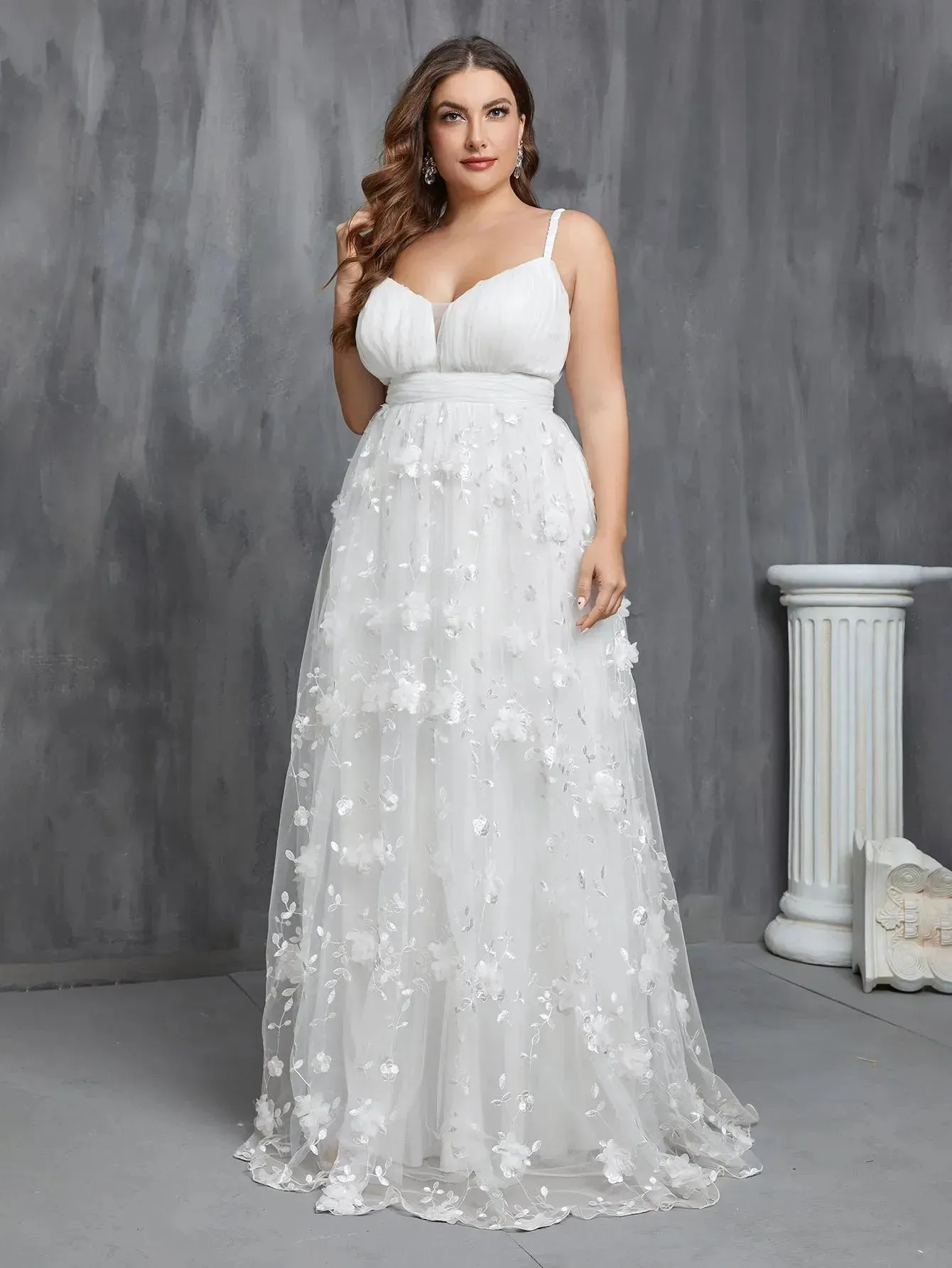 Plus Floral Applique Mesh Cami Wedding Dress