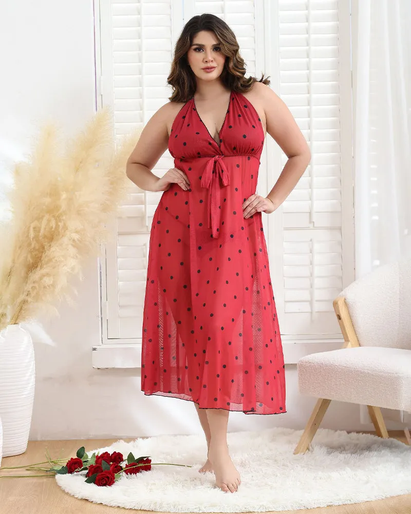 Plus Size Bow Tie Polka Dot Long Dress