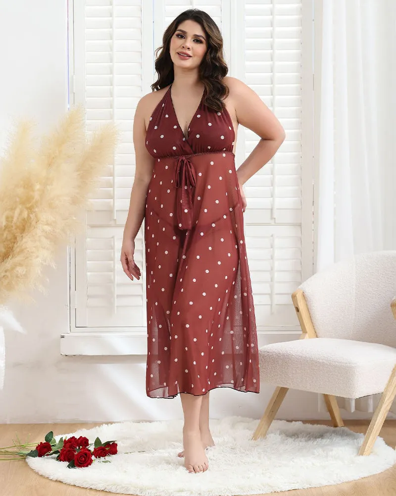 Plus Size Bow Tie Polka Dot Long Dress