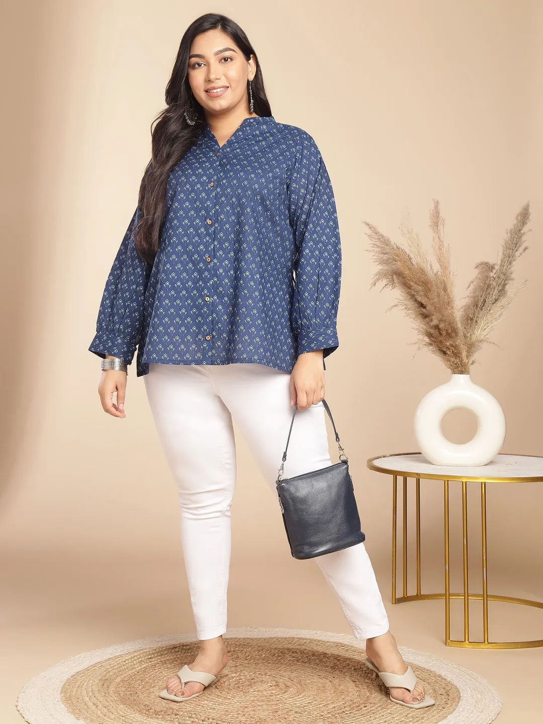 Plus Size Indigo Cotton Floral Tunic  - By Janasya