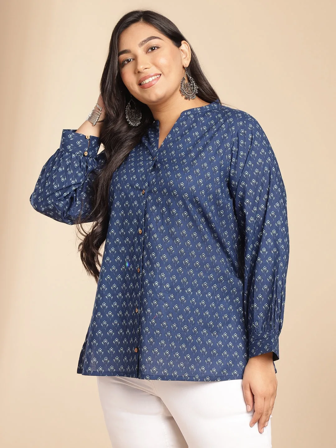 Plus Size Indigo Cotton Floral Tunic  - By Janasya