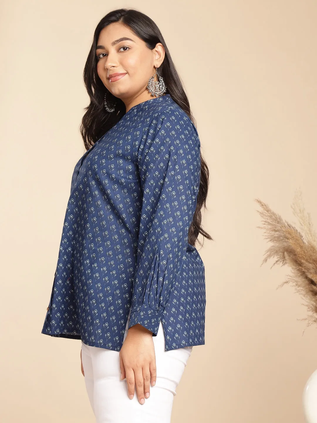 Plus Size Indigo Cotton Floral Tunic  - By Janasya