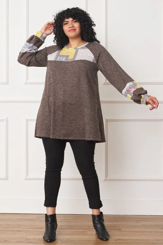 Plus Size Patchwork Panel Accent A-Line Tunic