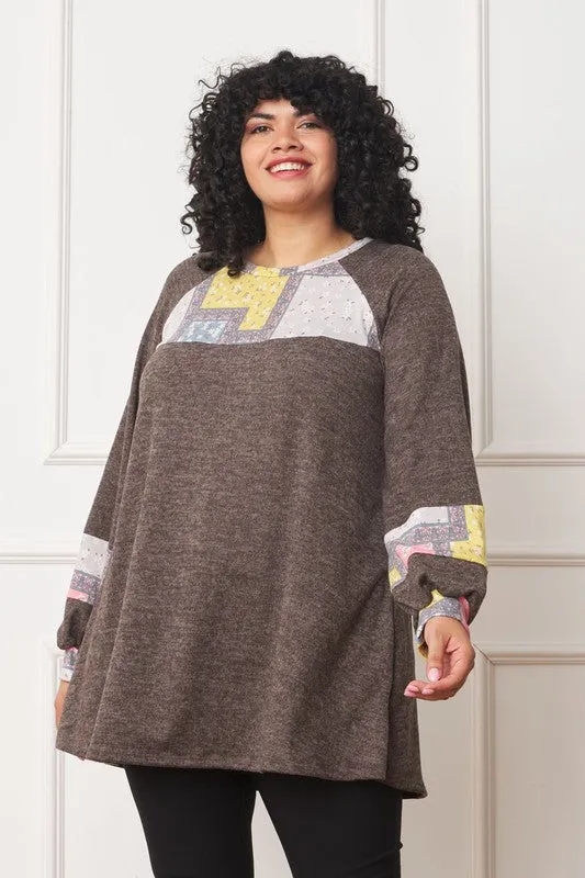 Plus Size Patchwork Panel Accent A-Line Tunic