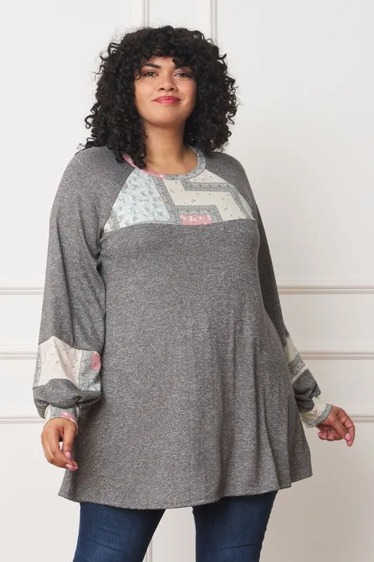 Plus Size Patchwork Panel Accent A-Line Tunic