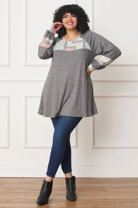 Plus Size Patchwork Panel Accent A-Line Tunic