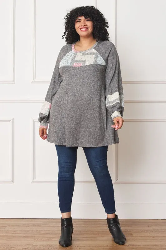 Plus Size Patchwork Panel Accent A-Line Tunic